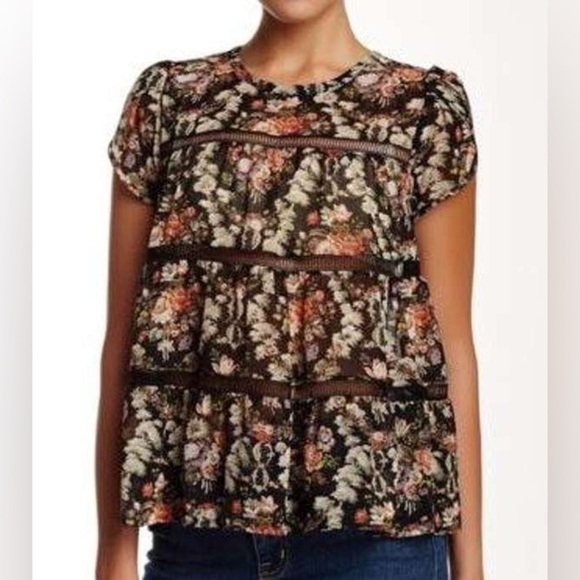 Ro & De Inset Rim Swing Blouse Pretty Floral Print Sheer top - Picture 4 of 5